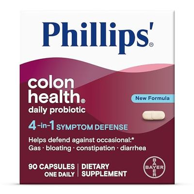 Phillips&#39; Colon Health Daily Probiotic Capsules, 4-in-1 Symptom Defense to Help Defend Against Occasional Gas, Bloating, Constipation, and Diarrhea, Daily Supplement, 90 Count