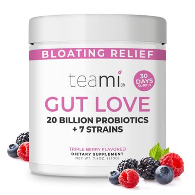 Teami Prebiotic and Probiotic Powder for Women - Promotes Digestion, Bloating Relief &amp; Belly Balance - Gut Health Powder with 20 Billion Probiotics &amp; 7 strains - Triple Berry Gut Love, 30 Servings