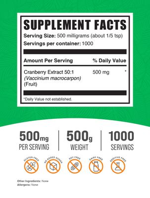 BulkSupplements.com Cranberry Extract Powder - Cranberry Supplements for Women & Men, Cranberry Extract 500mg - Vegan & Gluten Free, 500mg per Serving, 500g (1.1 lbs) (Pack of 1)