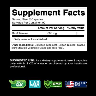 Vitabod Benfotiamine 600mg 180 Vegetarian Capsules - Also Called Fat Soluble Vitamin