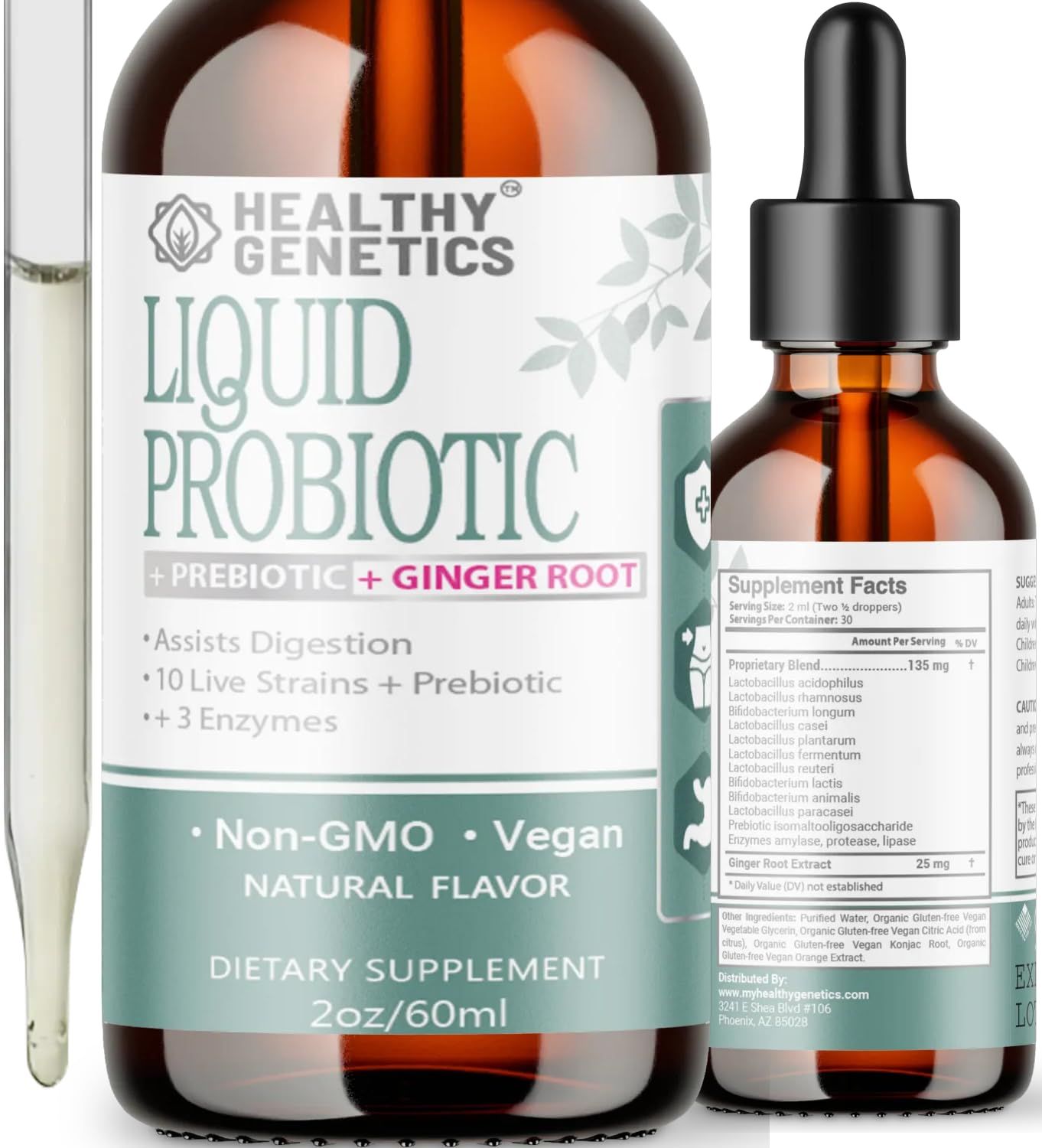 Liquid Probiotics for Women Men &amp; Kids | Prebiotic +Ginger + Probiotics for Digestive Health | Acidophilus Probiotic | Dairy Free | Vegan | Non-GMO | Gluten Free | 30 Servings