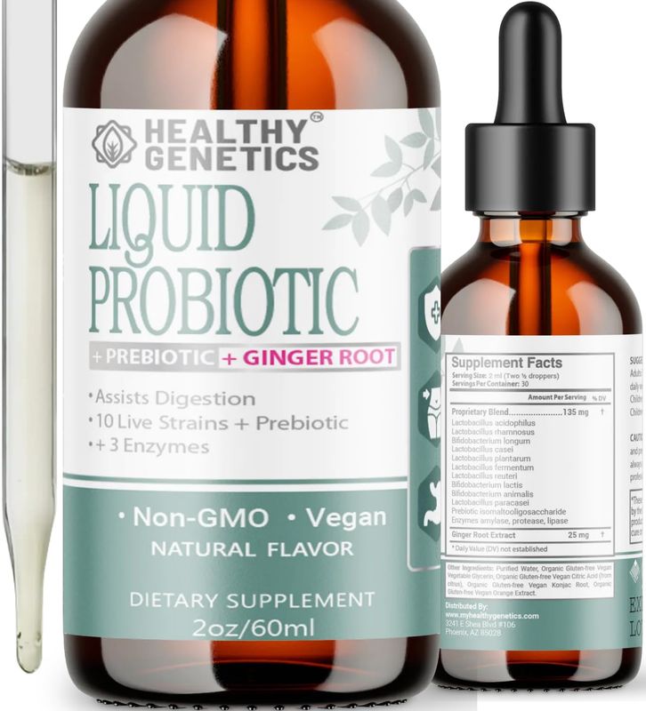 Liquid Probiotics for Women Men &amp; Kids | Prebiotic +Ginger + Probiotics for Digestive Health | Acidophilus Probiotic | Dairy Free | Vegan | Non-GMO | Gluten Free | 30 Servings