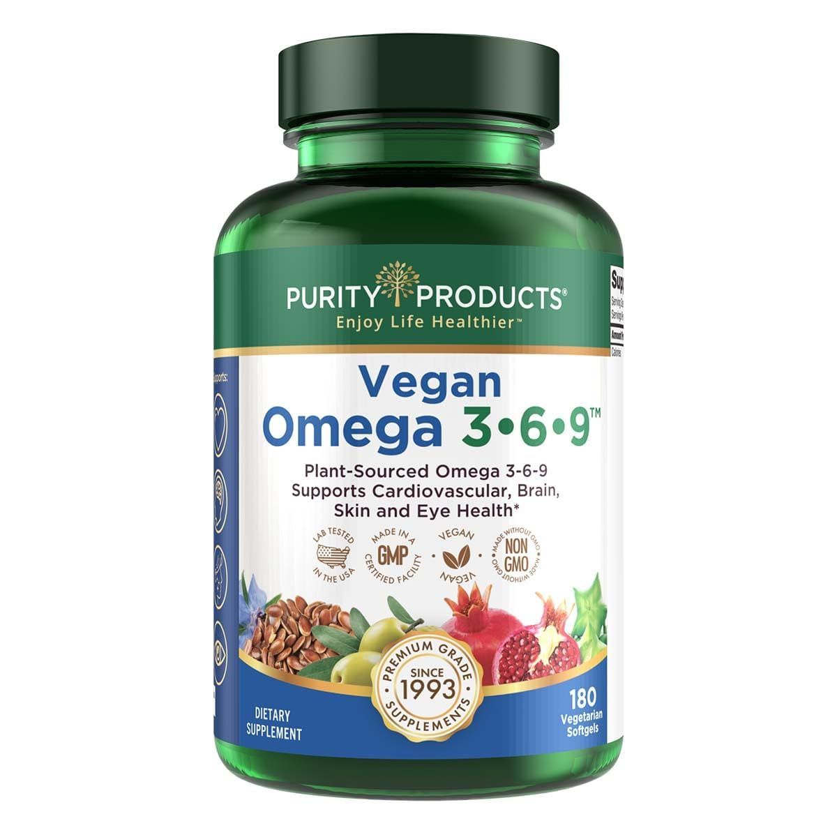 Purity Products Omega 3-6-9 Vegan Omega Formula - 5 in 1 Essential Fatty Acid Complex - Scientifically Formulated Plant-Based Omega 3 6 9 Essential Fatty Acids (EFA) - 3 Month Supply - 180 Softgels