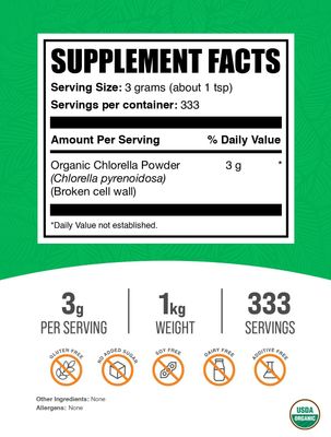 BulkSupplements.com Organic Chlorella Powder - Broken Cell Wall, Green Superfood Powder, Greens Supplements - Vegan & Gluten Free, 3g per Serving, 1kg (2.2 lbs) (Pack of 1)
