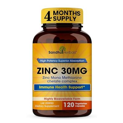 Sandhu Herbals Zinc 30mg Supplement for Men &amp; Women| High Absorption Zinc Monomethionine Complex 120 Capsules| Zinc Supplements for Immune, Acne &amp; Antioxidant Support| Vegetarian, Made in The USA