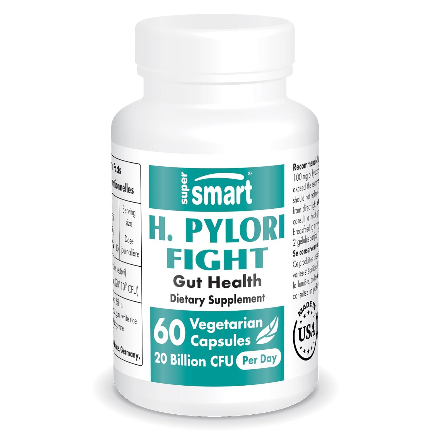 Supersmart - H. Pylori Fight Natural Treatment 20 Billion CFU per Day (Probiotic Lactobacillus Reuteri) - Gastric Acid Reflux Relief - Stomach Repair | Non-GMO &amp; Gluten Free - 60 Vegetarian Capsules