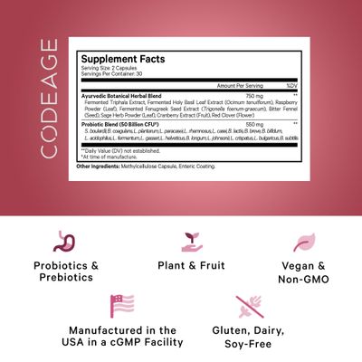 Codeage Womens Probiotics Supplement - 50 Billion CFUs - SBO Probiotics & Prebiotics - Cranberries - Feminine Health - Fermented Botanical Blend, Whole Food Supplement - Vegan, Non-GMO - 60 Capsules