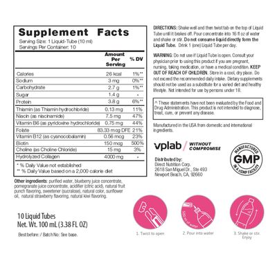 VPLab Ultra Women's Beauty Liquid Collagen - Biotin-Infused Multivitamin Complex with Peptides Type I &amp; III Supplement for Skin, Hair &amp; Nails - Drink Mix for Women Packed with Vitamin B Group,10