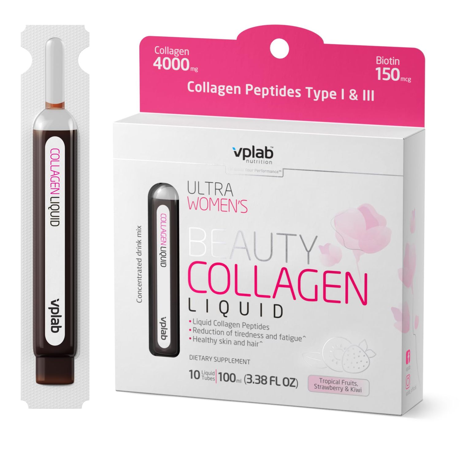 VPLab Ultra Women&#39;s Beauty Liquid Collagen - Biotin-Infused Multivitamin Complex with Peptides Type I &amp; III Supplement for Skin, Hair &amp; Nails - Drink Mix for Women Packed with Vitamin B Group,10