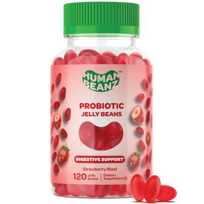 Human Beanz Probiotic Jelly Bean Gummies for Men and Women, Probiotic Supplements for Digestive Health, Nutritional Vegetarian Supplements, 120 Strawberry Blast Jelly Beans, Kosher