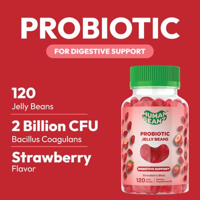 Human Beanz Probiotic Jelly Bean Gummies for Men and Women, Probiotic Supplements for Digestive Health, Nutritional Vegetarian Supplements, 120 Strawberry Blast Jelly Beans, Kosher