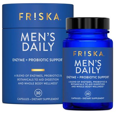 FRISKA Mens Daily Digestive Enzyme and Probiotics Supplement, Natural Support for Male Digestive Health, Bloating, Gas, Indigestion Relief, Supports Gut Health, Lactase and B-Vitamins, 30 Capsules