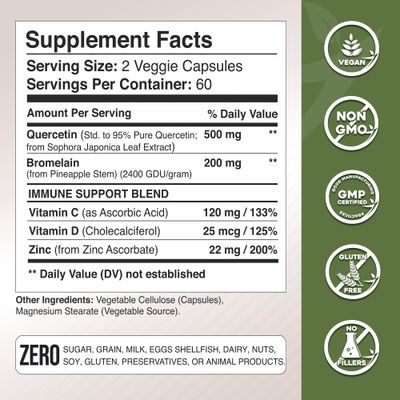 Quercetin with Vitamin C and Zinc - Quercetin 500mg - Quercetin with Bromelain - Zinc Quercetin - 240 Veggie Caps. Quercetin Supplements + Vitamin D3 (Non-GMO, Gluten-Free, Vegan) - 4 Month Supply