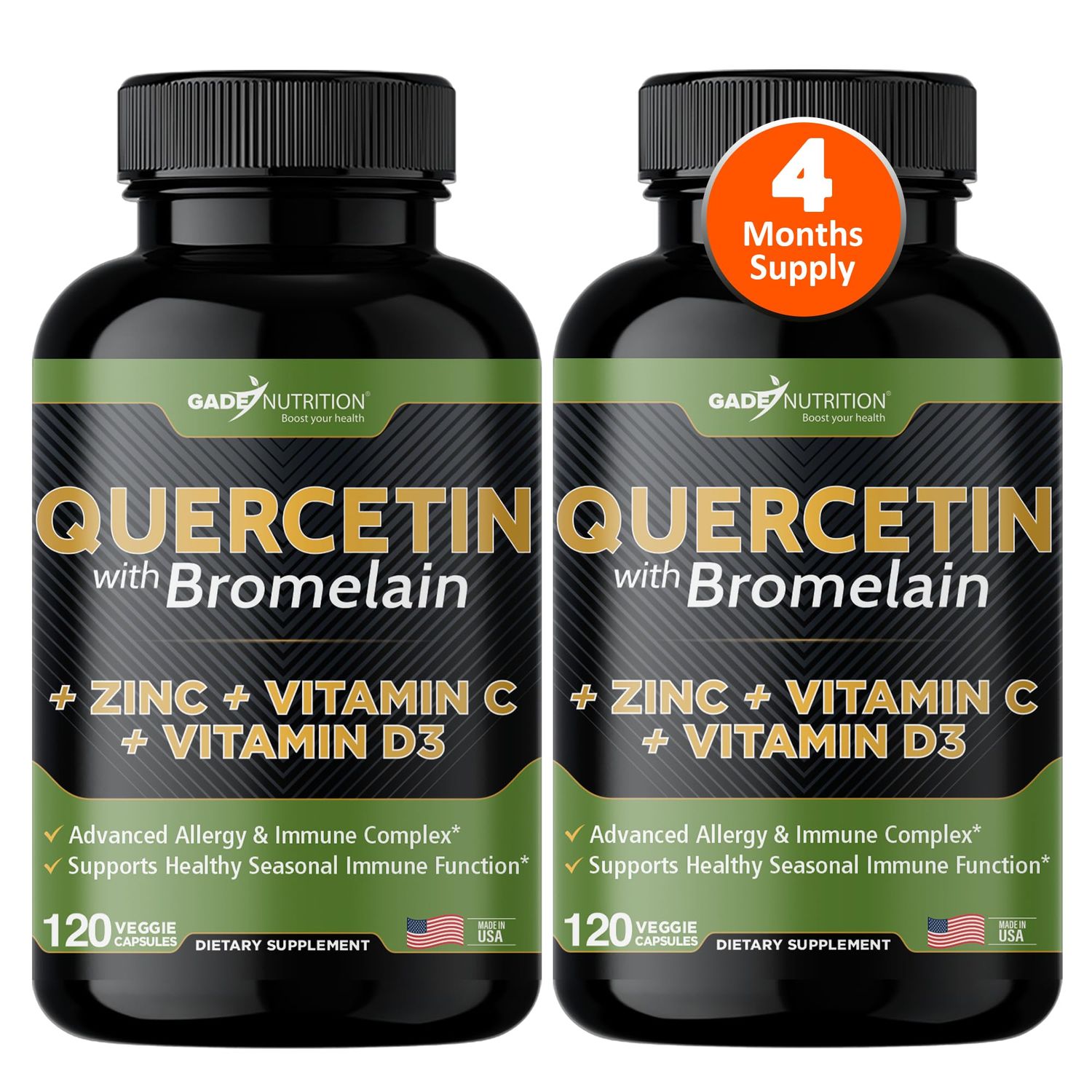 Quercetin with Vitamin C and Zinc - Quercetin 500mg - Quercetin with Bromelain - Zinc Quercetin - 240 Veggie Caps. Quercetin Supplements + Vitamin D3 (Non-GMO, Gluten-Free, Vegan) - 4 Month Supply