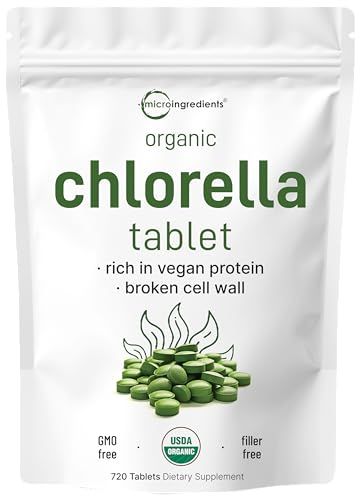Organic Chlorella Tablets, 500mg Per Tablet, 720 Tabs (360 Grams), 4 Months Supply, Broken Cell Wall, Rich in Vegan Protein &amp; Vitamins, No Filler, No Additives &amp; Non-GMO | Pure Green Algae Superfood