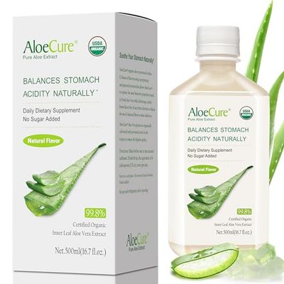 AloeCure USDA Organic Aloe Vera Juice Made Within 12 Hrs of Harvest - Pure Aloe Juice Natural Digestive Supplement to Support Digestion, Immune System and Balanced Stomach Acidity, 500ml Bottle