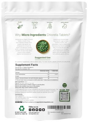 Organic Chlorella Tablets, 500mg Per Tablet, 720 Tabs (360 Grams), 4 Months Supply, Broken Cell Wall, Rich in Vegan Protein &amp; Vitamins, No Filler, No Additives &amp; Non-GMO | Pure Green Algae Superfood