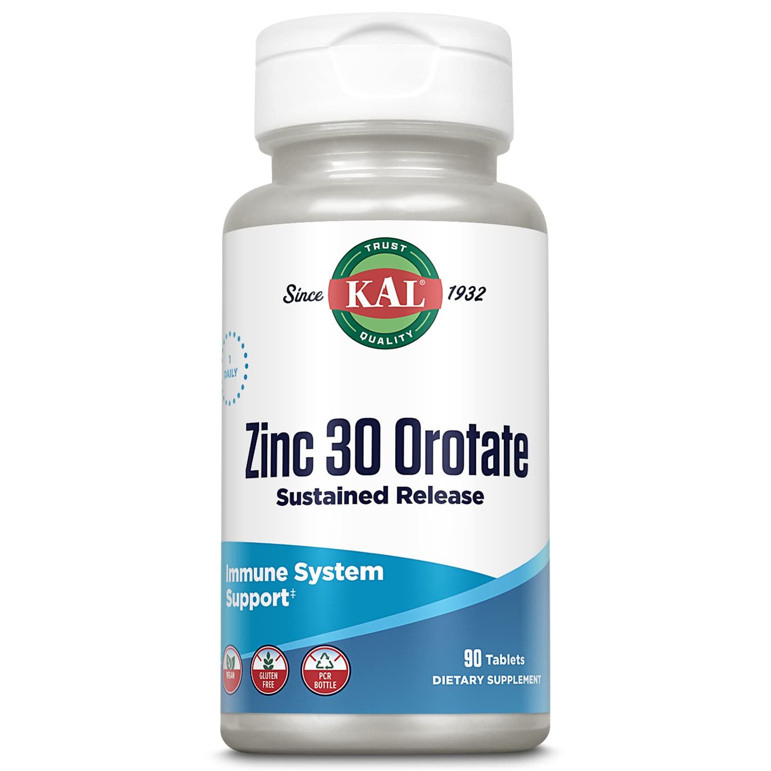 KAL Zinc Orotate 30mg, Sustained Release, Chelated Zinc Tablets, Immune Support Supplement, Protein Synthesis, Metabolism, Energy Support, Vegan, Gluten Free, 60-Day Guarantee, 90 Servings, 90 Tablets