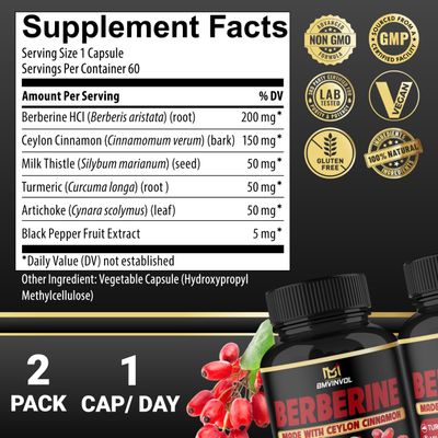 (2 Packs) Berberine Supplement Plus Ceylon Cinnamon, Turmeric, Artichoke, Milk Thistle, Black Pepper - 120 Capsules - 4 Months Supply