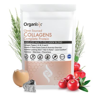 Organixx Collagen Peptides Powder with Vitamin C, Types I, II, III, V, X Hydrolyzed Collagen, Hair, Nail, Skin, Bone &amp; Joint Health, Aging Support, Clean Sourced, Gluten Free, Unflavored, 20 Servings