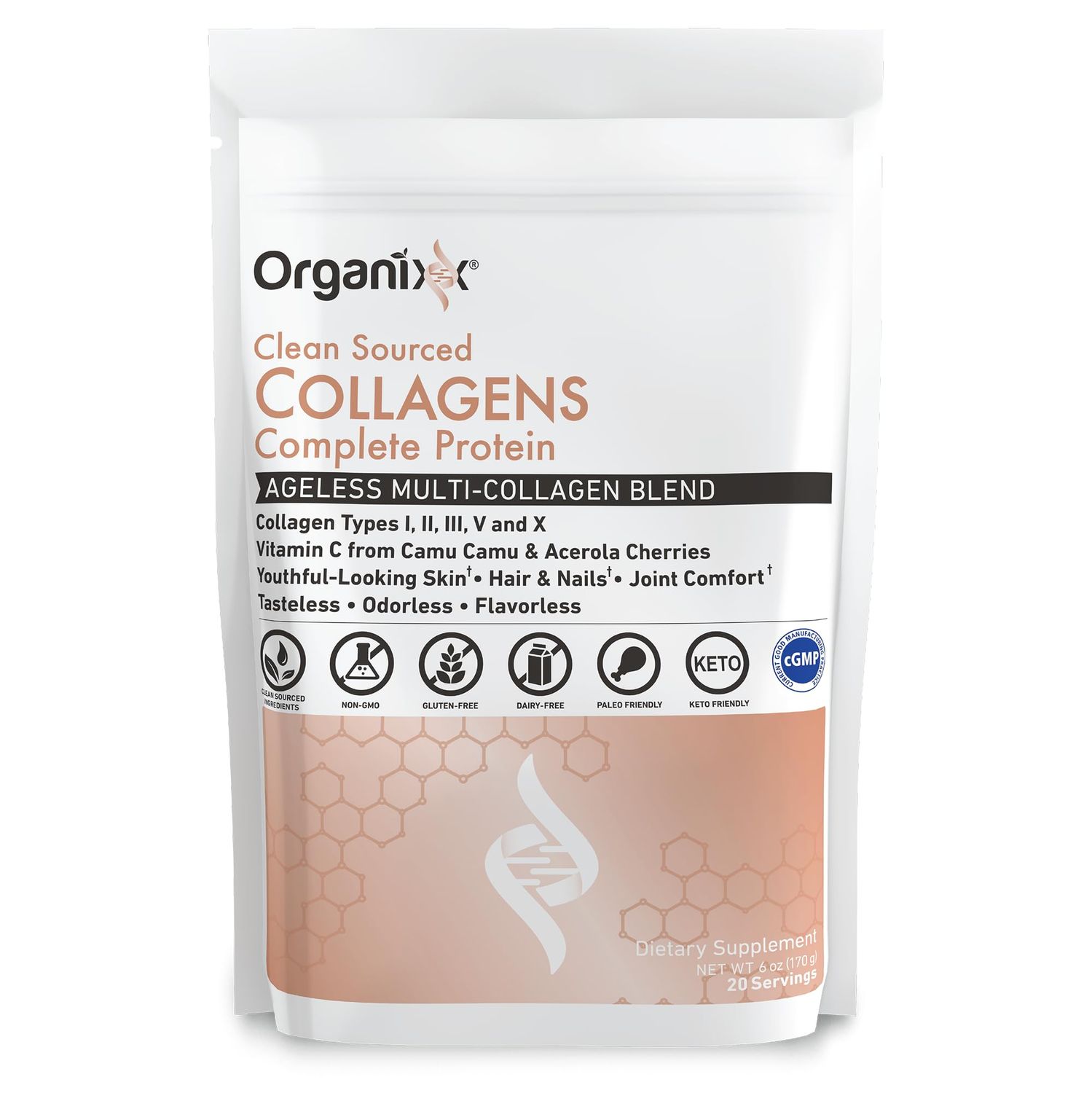 Organixx Collagen Peptides Powder with Vitamin C, Types I, II, III, V, X Hydrolyzed Collagen, Hair, Nail, Skin, Bone &amp; Joint Health, Aging Support, Clean Sourced, Gluten Free, Unflavored, 20 Servings