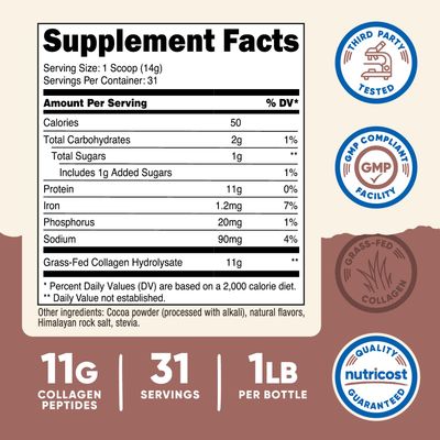 Nutricost Grass-Fed Collagen Powder 1LB (454 G) (Chocolate) - Grass Fed Bovine Collagen Hydrolysate - Collagen Peptides
