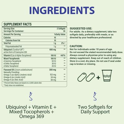 CoQ10 600mg Softgels | High Absorption CoQ10 Ubiquinol Supplement | Reduced Form Enhanced with Vitamin E &amp; Omega 3 6 9 | Antioxidant Powerhouse Good for Health | 60 Softgels