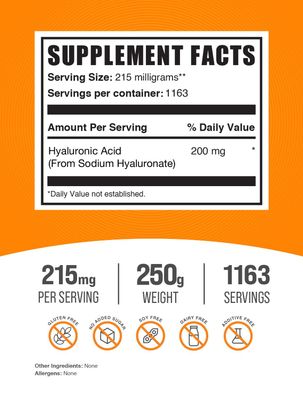 BulkSupplements.com Hyaluronic Acid Powder - Hyaluronic Acid Supplements, Hyaluronic Acid 215mg - Hyaluronic Acid Food Grade, Gluten Free - 215mg per Serving, 250g (8.8 oz) (Pack of 1)