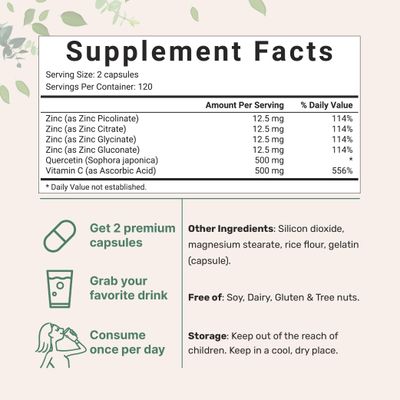 Micro Ingredients Quercetin with Vitamin C and Zinc, 240 Capsules | Quercetin 500mg, Vitamin C 500mg, Zinc 50mg (Picolinate, Citrate, Glycinate, Gluconate) | Complete Immune Support Supplements