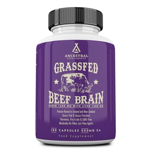 Ancestral Supplements Grass Fed Beef Brain Supplement with Beef Liver, Whole Food Brain Support Promotes Brain, Mood, and Memory Health, Brain and Liver Health Formula Capsules, Non-GMO, 180 Capsules