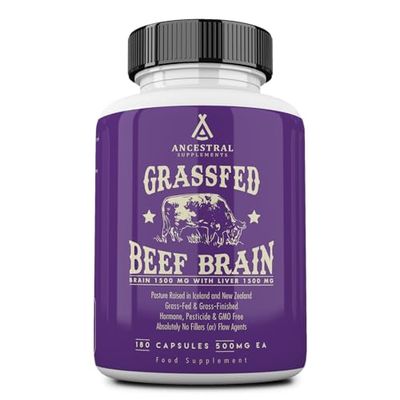 Ancestral Supplements Grass Fed Beef Brain Supplement with Beef Liver, Whole Food Brain Support Promotes Brain, Mood, and Memory Health, Brain and Liver Health Formula Capsules, Non-GMO, 180 Capsules