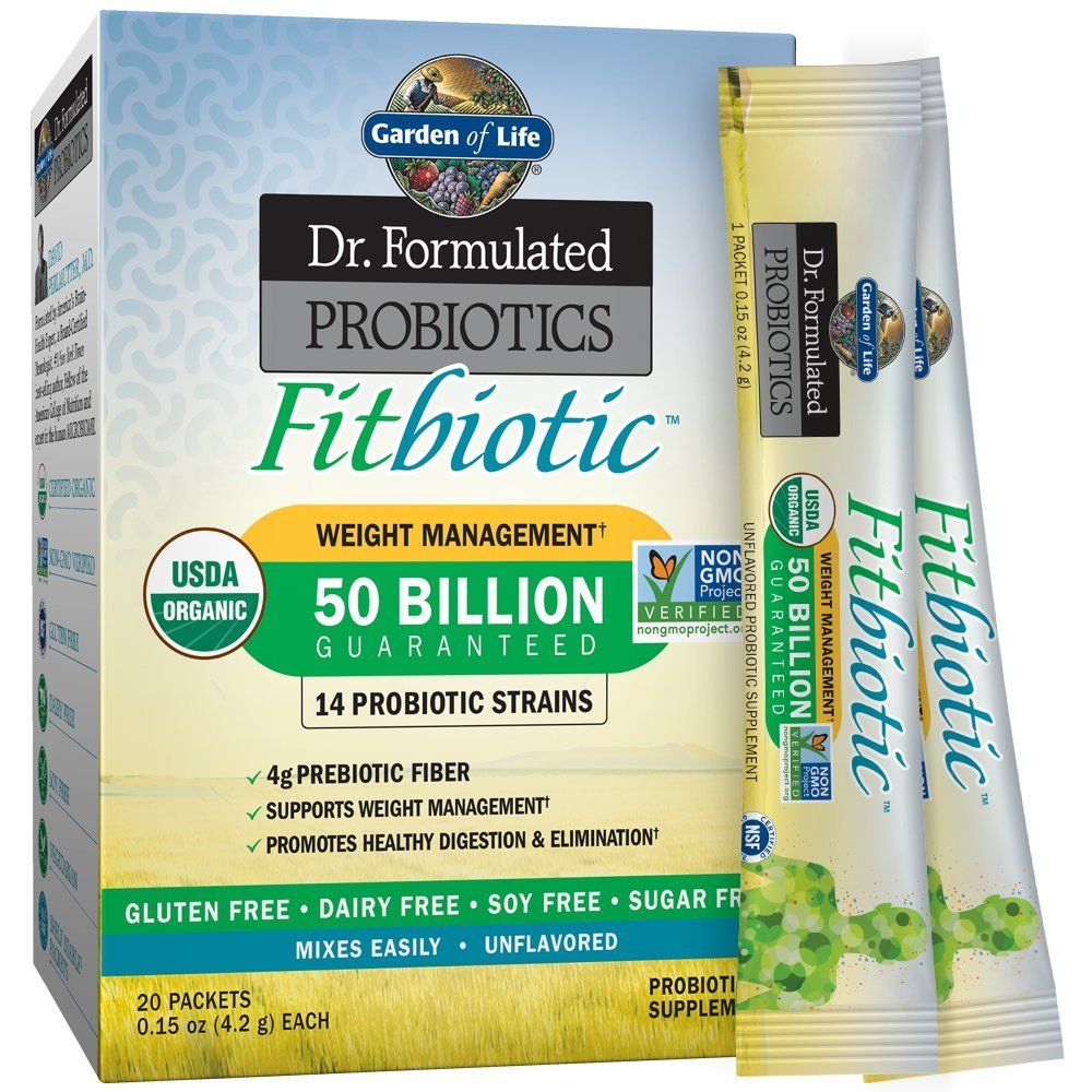 Garden of Life Dr. Formulated Probiotics Fitbiotic Weight Management Powder 50 Billion CFU &amp; Fiber, Organic &amp; Non-GMO Digestive Gut Health Supplement, 3 Oz, Pack of 20