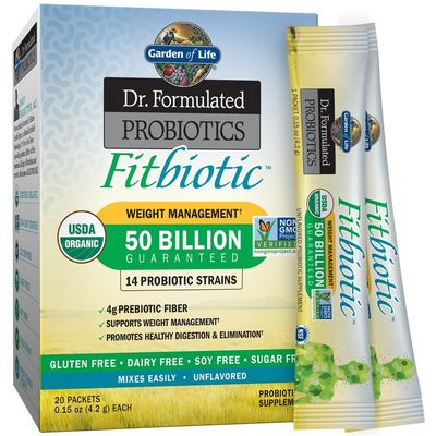 Garden of Life Dr. Formulated Probiotics Fitbiotic Weight Management Powder 50 Billion CFU &amp; Fiber, Organic &amp; Non-GMO Digestive Gut Health Supplement, 3 Oz, Pack of 20