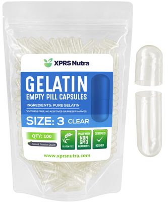 XPRS Nutra Size 3 Empty Capsules - 100 Count Empty Gelatin Capsules - Empty Pill Capsules - DIY Capsule Filling - Clear Pure Bovine Pill Capsules Empty Gel Caps