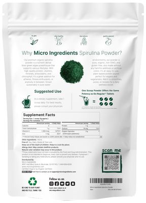 Micro Ingredients Organic Spirulina Powder, 16 Ounce, Raw Spirulina (Arthrospira Platensis), The Richest Sources of 70% Vegan Protein, Containers Minerals, Vitamins, Non-GMO &amp; Non-Irradiation