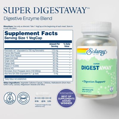SOLARAY Super Digestaway Digestive Enzymes - Pancreatin, Papain, Ginger, Pepsin, Betaine HCl, Aloe Vera, and More - Digestion &amp; Nutrient Absorption Support - Lab Verified - 180 VegCaps