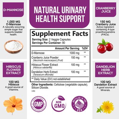 D-Mannose &amp; Cranberry Extract 1350mg Advanced Formula, Fast-Acting Natural Urinary Tract Health Support for Women &amp; Men, Flush Impurities in Urinary Tract &amp; Bladder, Non-GMO, Vegan - 180 Capsules