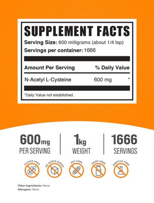 BulkSupplements.com NAC Powder - N-Acetyl Cysteine 600mg, NAC Supplement - Antioxidant Support, Gluten Free - 600mg per Serving, 1666 Servings, 1kg (2.2 lbs) (Pack of 1)