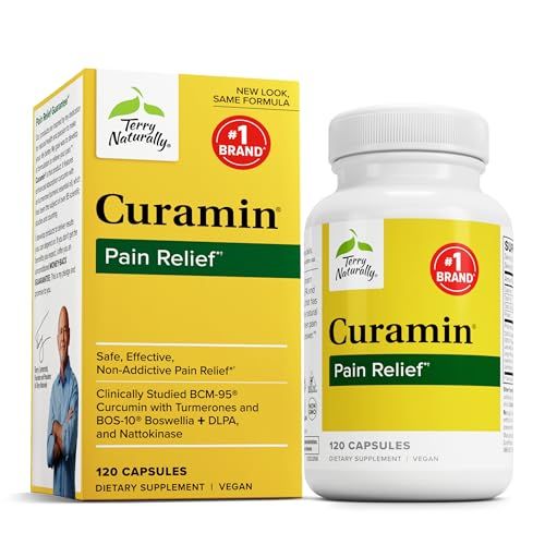 Terry Naturally Curamin - 120 Capsules - Non-Addictive Pain Relief Supplement with Curcumin from Turmeric, Boswellia, DLPA &amp; Nattokinase - Non-GMO, Vegan, Gluten Free - 40 Servings