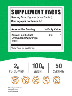 BulkSupplements.com Glucomannan Powder - Konjac Root Extract Powder, Fiber Supplement Powder, Konjac Powder - Gluten Free, 2g per Serving, 100g (3.5 oz) (Pack of 1)