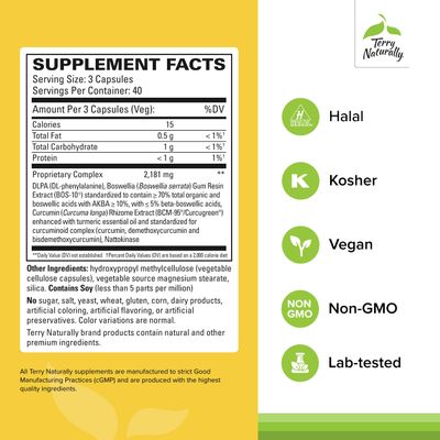 Terry Naturally Curamin - 120 Capsules - Non-Addictive Pain Relief Supplement with Curcumin from Turmeric, Boswellia, DLPA & Nattokinase - Non-GMO, Vegan, Gluten Free - 40 Servings