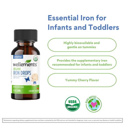 Wellements Organic Iron Drops for Newborn+ Babies (1 Fl Oz) - Cherry Flavor Liquid Iron Supplement for Infants - Toddler Iron Supplement for Kids (4months+ to 3 Years) - Supports Growth & Development*