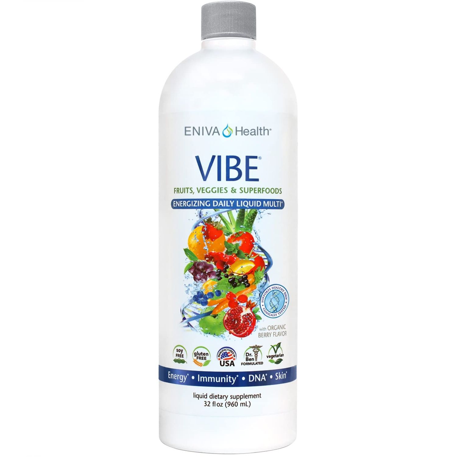 Eniva Health Vibe Liquid Multivitamins Mineral Supplements with Vitamins A, B12, C, D, E &amp; Amino Acids | Fruits and Veggies Daily Supplement for Women &amp; Men | Doctor Formulated | USA Made | 32 oz