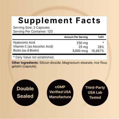 NatureBell Hyaluronic Acid Supplements 250mg | 240 Capsules, with Biotin 5000mcg &amp; Vitamin C 25mg, 3 in 1 Support - Skin Hydration, Joint Lubrication, Hair and Eye Health