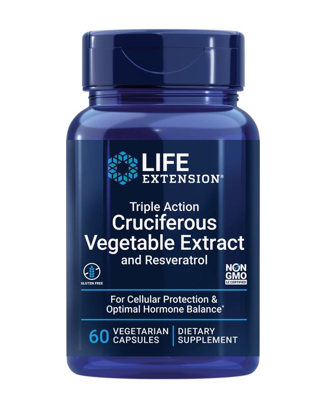 Life Extension Triple Action Cruciferous Vegetable Extract &amp; Resveratrol, Broccoli, Cabbage, resveratrol, Supports Cellular Protection, Gluten-Free, Non-GMO, Vegetarian, 60 Capsules