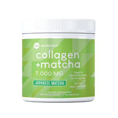360 Nutrition Matcha Hydrolyzed Collagen Peptides Powder, Japanese Matcha Green Tea for Gut Health, Joint Support, Energy, Hair Skin &amp; Nails, Gluten Free, Keto Friendly, Paleo, Non GMO (8oz (1 Count))