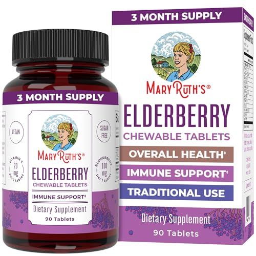 MaryRuth&#39;s Elderberry + Vitamin C Chewable Tablets | Sambucus nigra | Black Elderberry for Immune Support | 3 Month Supply | Gluten Free | Non-GMO | 90 Servings