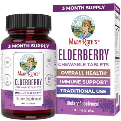 MaryRuth&#39;s Elderberry + Vitamin C Chewable Tablets | Sambucus nigra | Black Elderberry for Immune Support | 3 Month Supply | Gluten Free | Non-GMO | 90 Servings