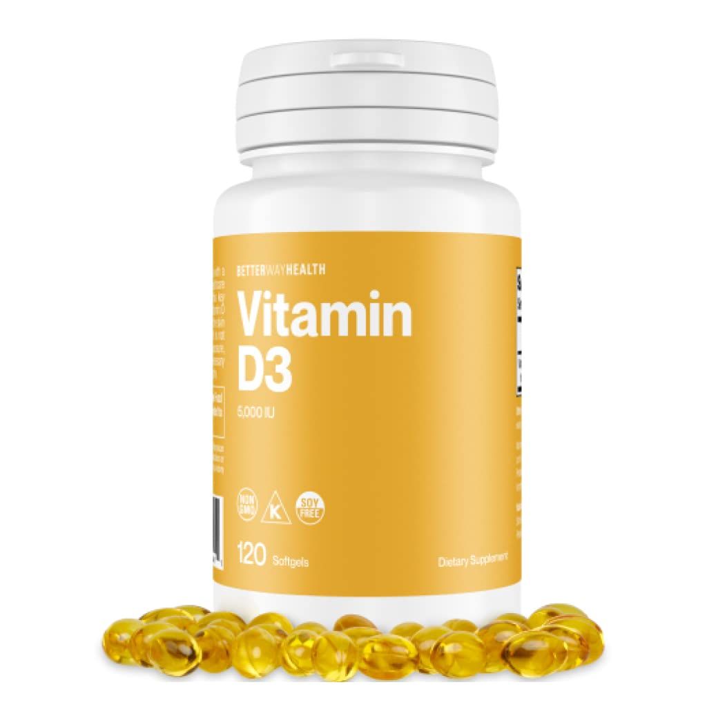 Better Way Health Vitamin D3-5,000 IU Softgel - High Potency Formula, Supports Bone Health &amp; Immune System - 120 Softgels of Vitamin D3 - Non-GMO, Dairy Free