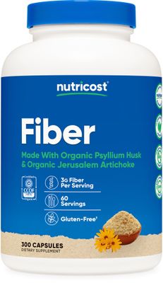 Nutricost Fiber Capsules with Prebiotic Fiber Supplement 300 Capsules - Made with Organic Psyllium Husk &amp; Organic Jerusalem Artichoke, 60 Servings, Gluten Free, 3 G Per Serving